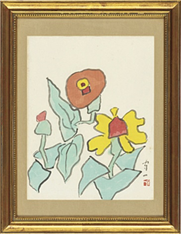 熊谷　守一、百日草Zinnias、希少限定版、額装用画集、新品額付 Zinnia from KUMAGAI MORIKAZU COLLECTION 百日草：「熊谷守一木版画集